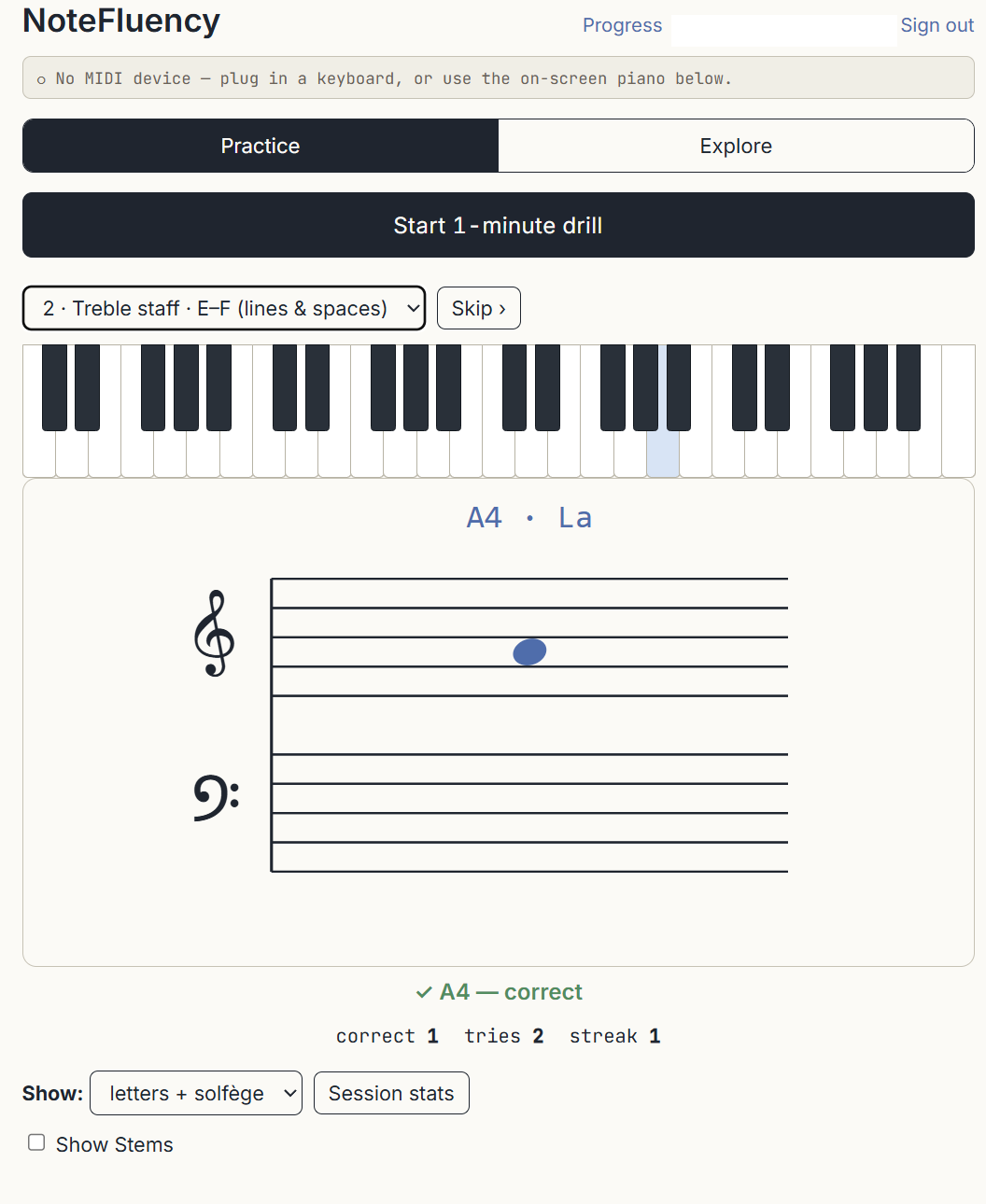 NoteFluency practice mode showing A4 correctly identified on the treble staff, with the corresponding piano key highlighted
